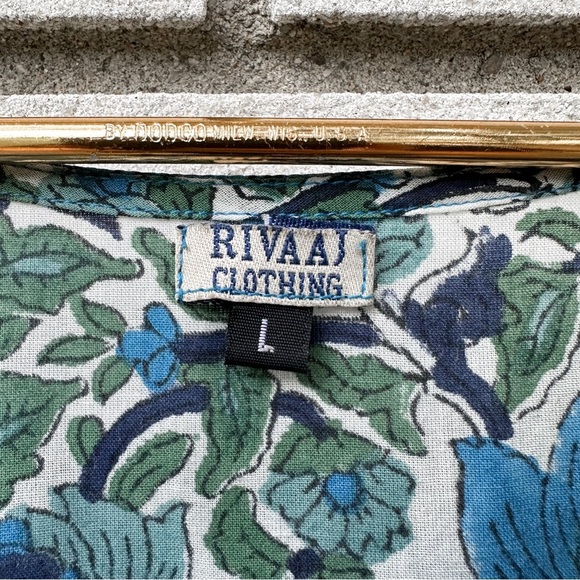 Rivaaj Blue Green Block Print Jacobean Floral Cotton Boho Cottagecore Midi Dress - Picture 3 of 8